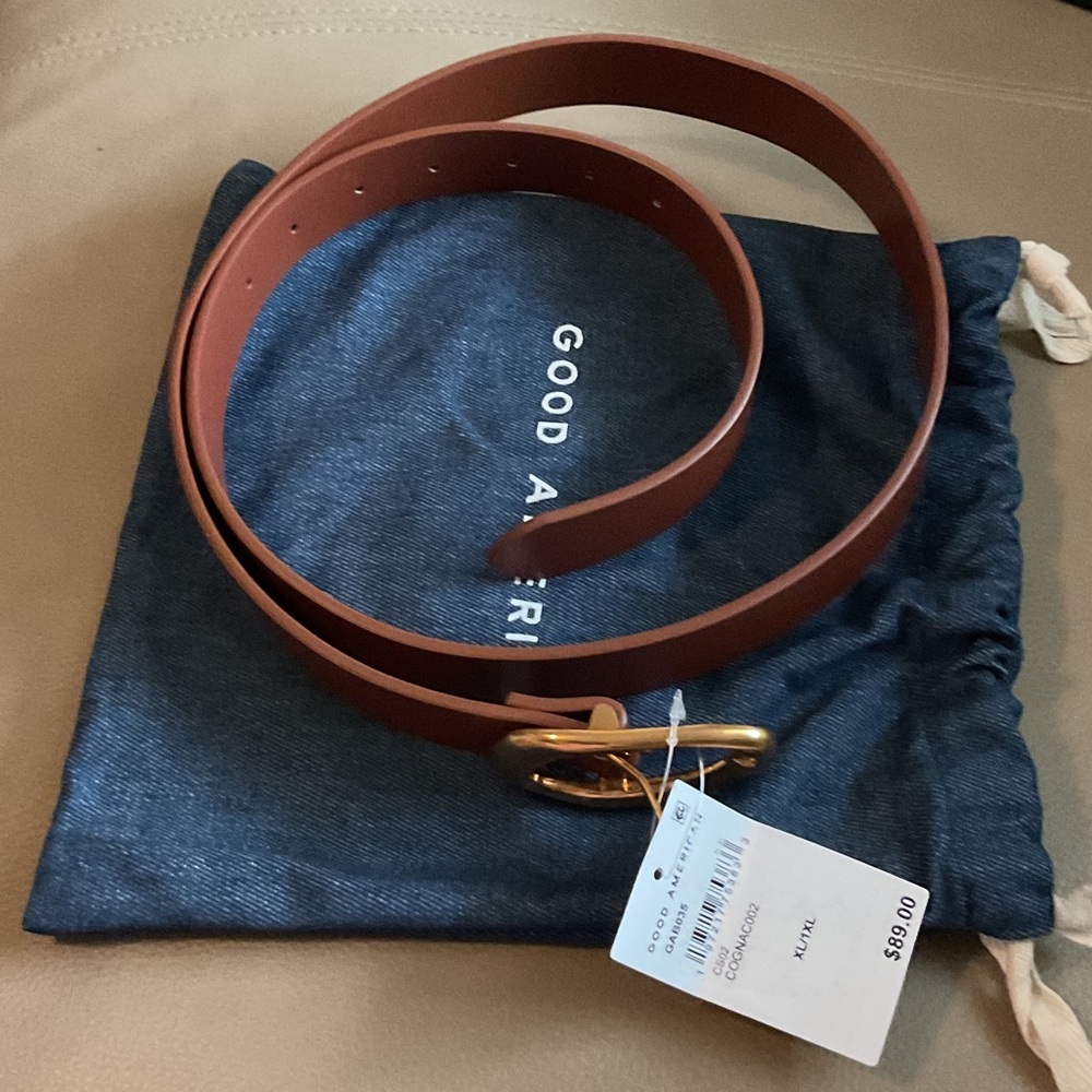Good American Brown Vegan Leather Belt with Gold-Tone Buckle